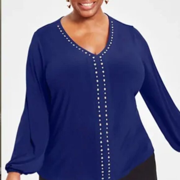 NWT I.N.C. International Concepts Studded V-Neck Blouson-Sleeve Top L - Picture 1 of 8